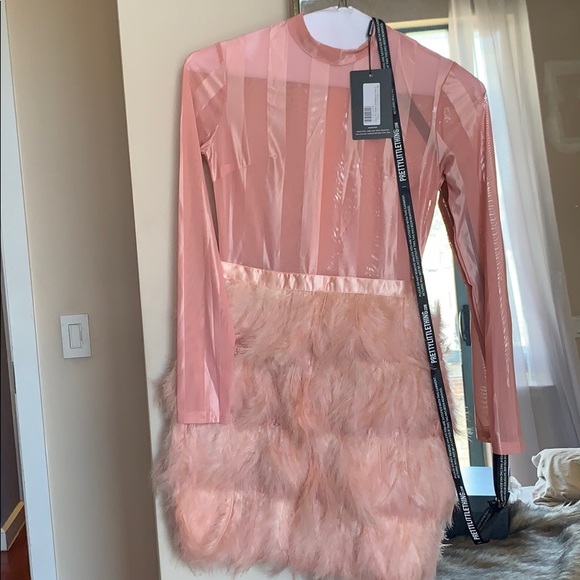 dusty pink feather skirt bodycon dress